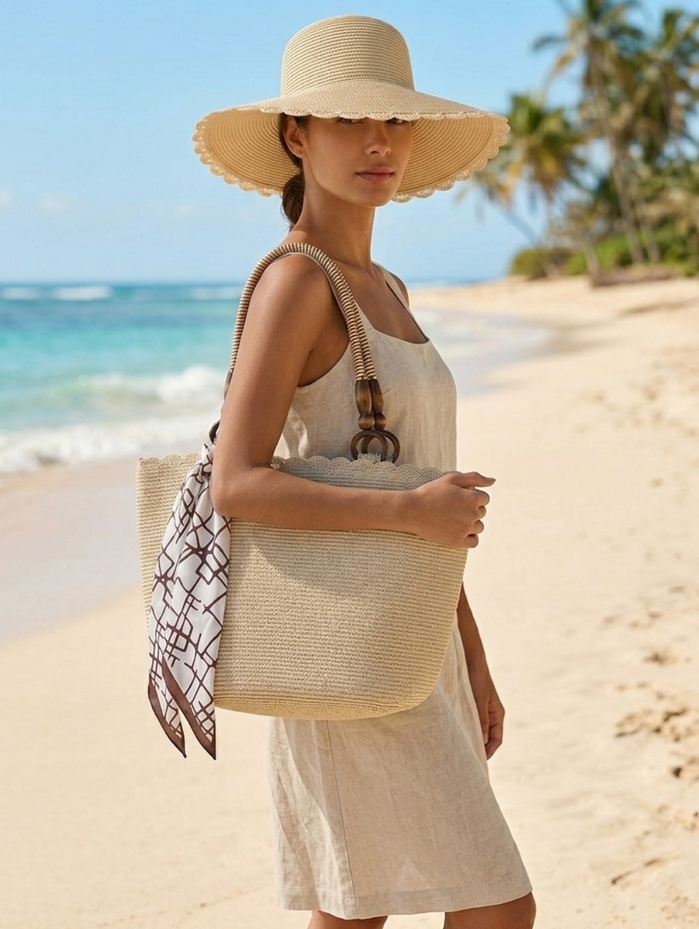 London Fog Paloma 3-in-1 Straw Tote Set - Includes Sun Hat & Scarf NWT